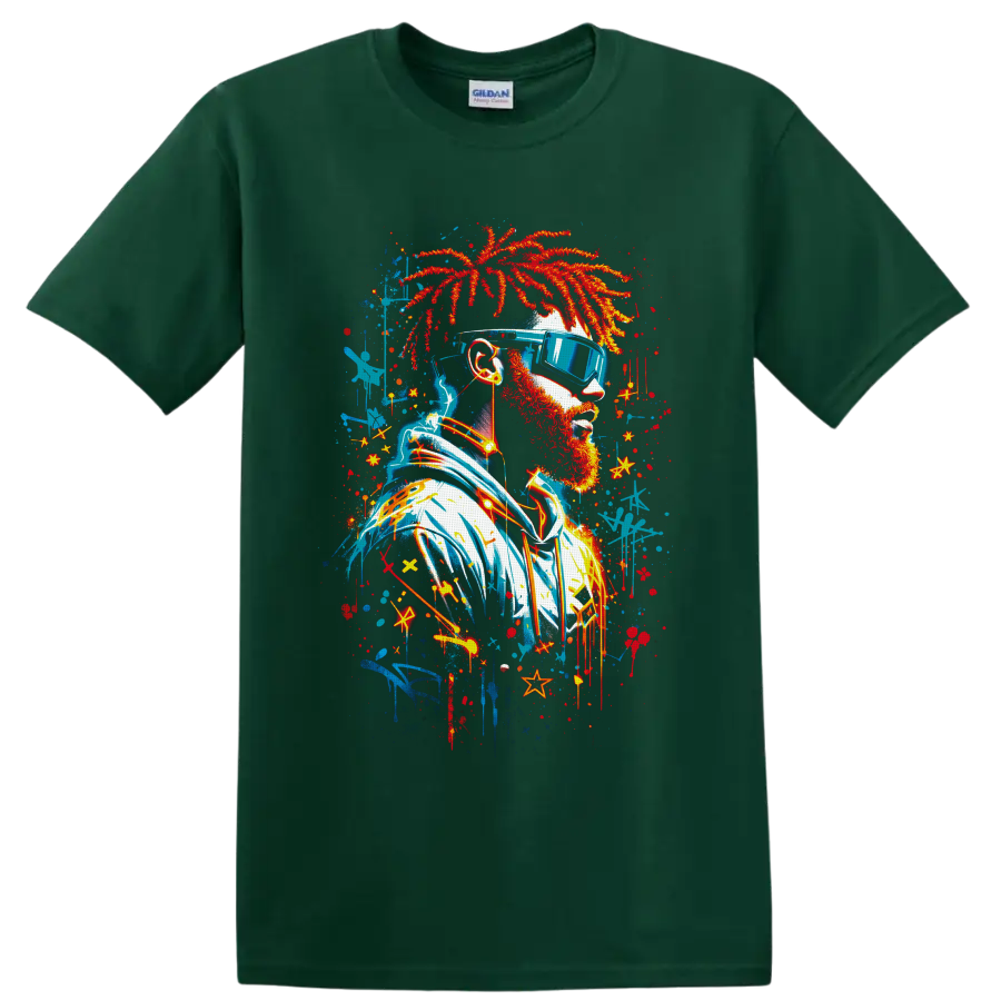 Graffiti-style bearded portrait with red dreadlocks, blue sunglasses, headphones, and on a Forest Green T Shirt