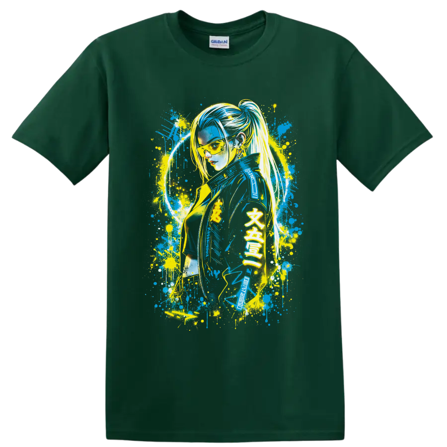 Female V cyberpunk graffiti portrait with neon splatter art on a Forest Green T Shirt