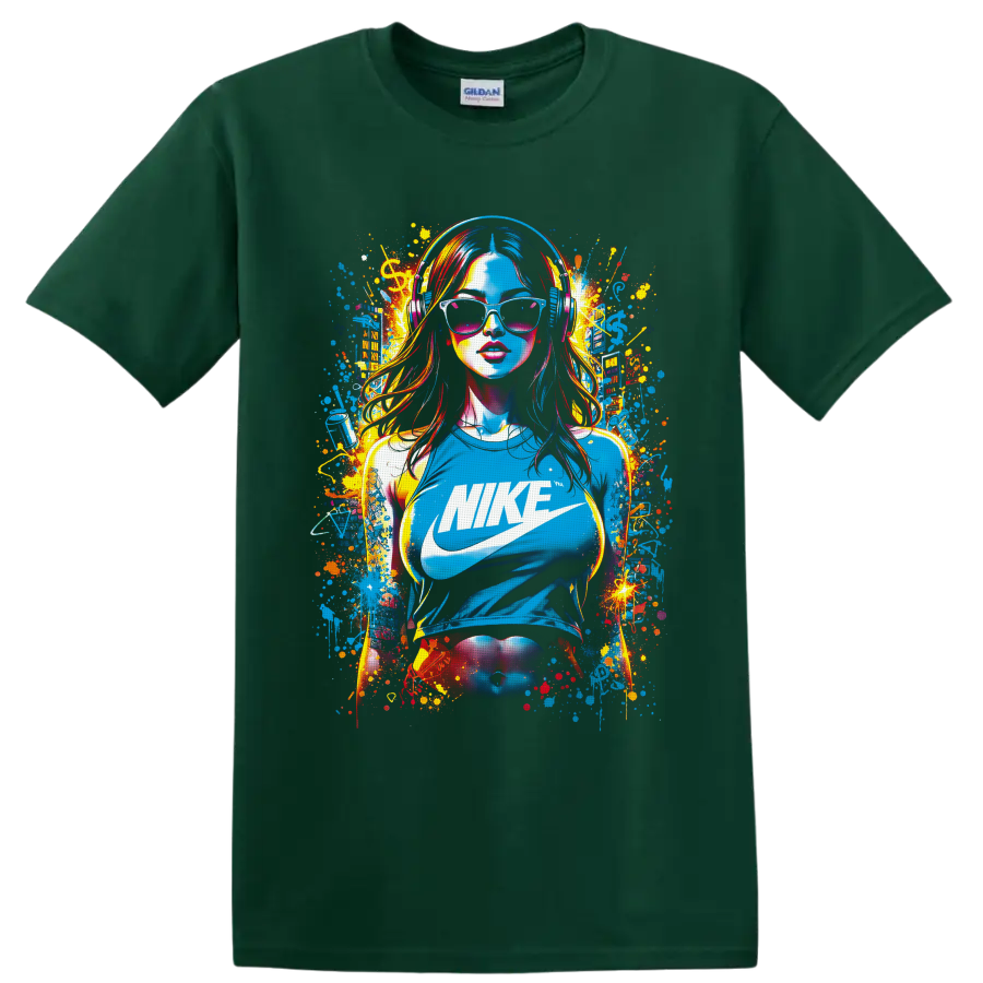 Nike logo pop-art woman in headphones and sunglasses with colorful graffiti splatters on a Forest Green T Shirt