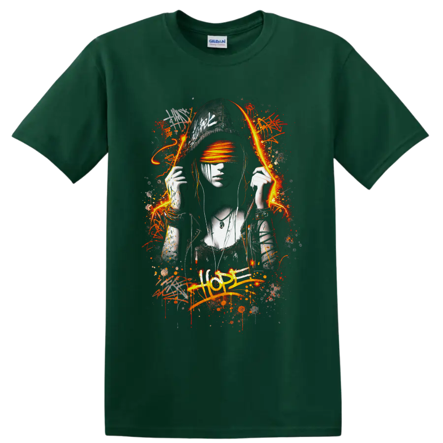 Graffiti-style woman in cap with orange blindfold, paint splatters, and HOPE text on a Forest Green T Shirt