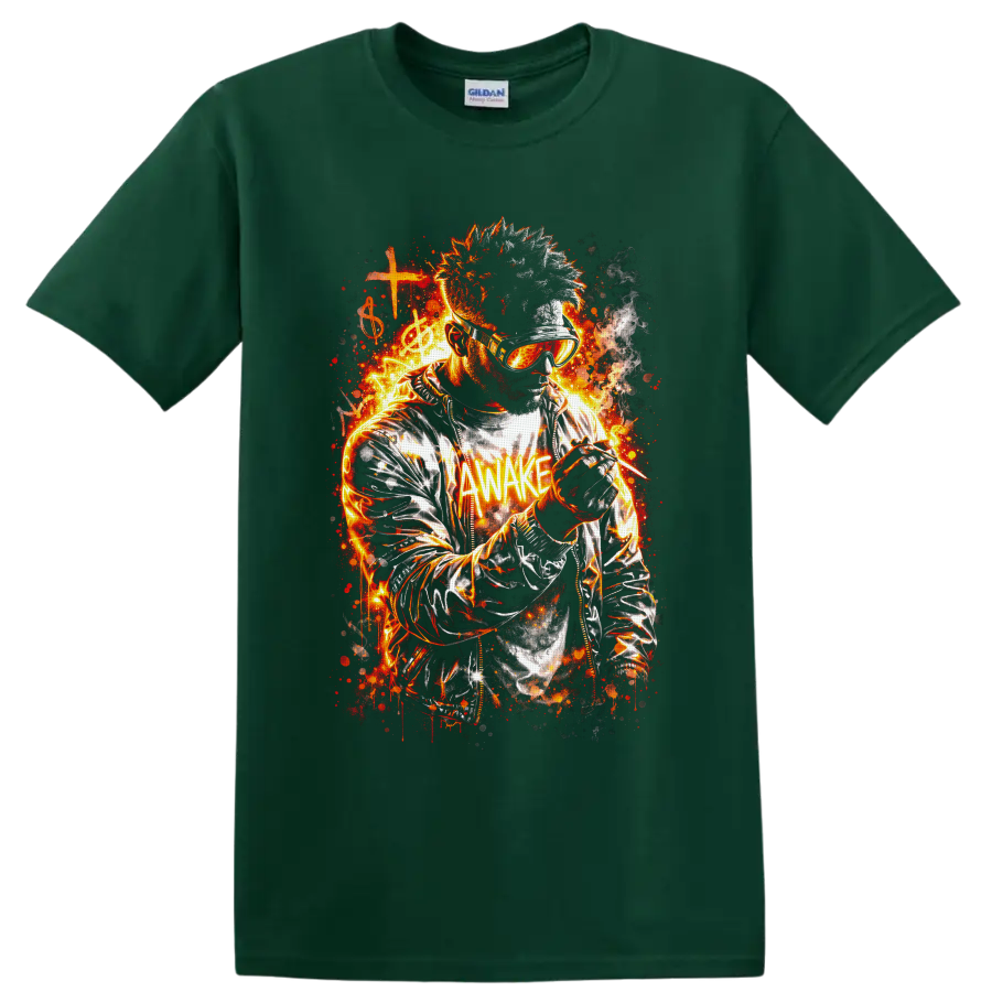 Fiery goggle-wearing musician with microphone, cross, treble clef, and AWAKE text on a Forest Green T Shirt