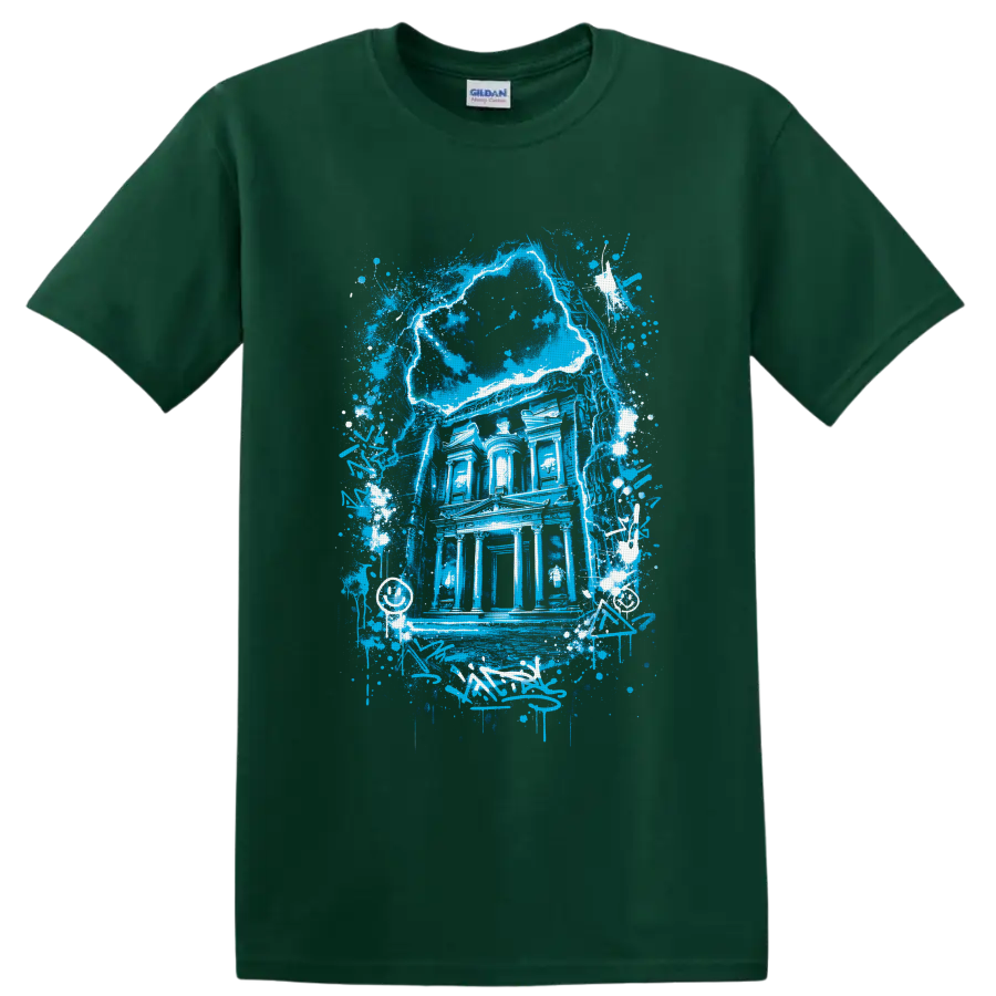 Electric-blue Gothic mansion with cracked moon, paint splatters, and graffiti accents on a Forest Green T Shirt