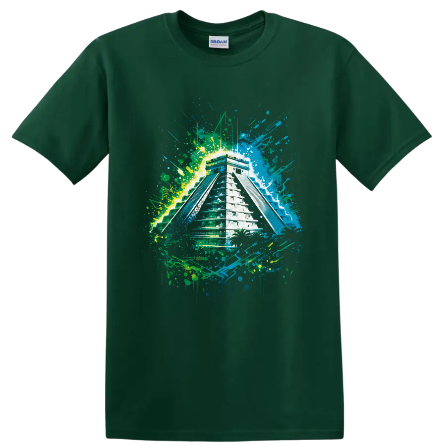 Mayan-inspired stepped pyramid in neon tropical graffiti paint splatter art on a Forest Green T Shirt