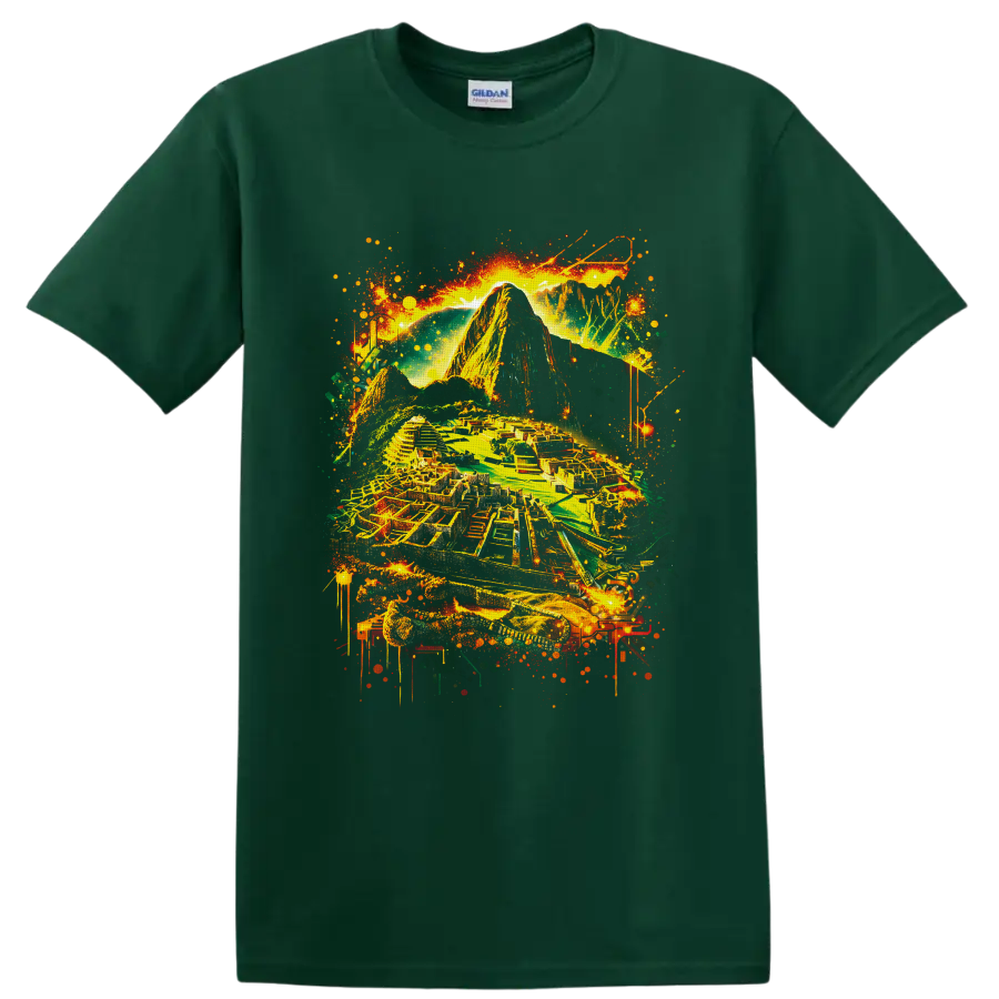 Neon-style Machu Picchu Inca citadel and Andes mountain graffiti artwork on a Forest Green T Shirt