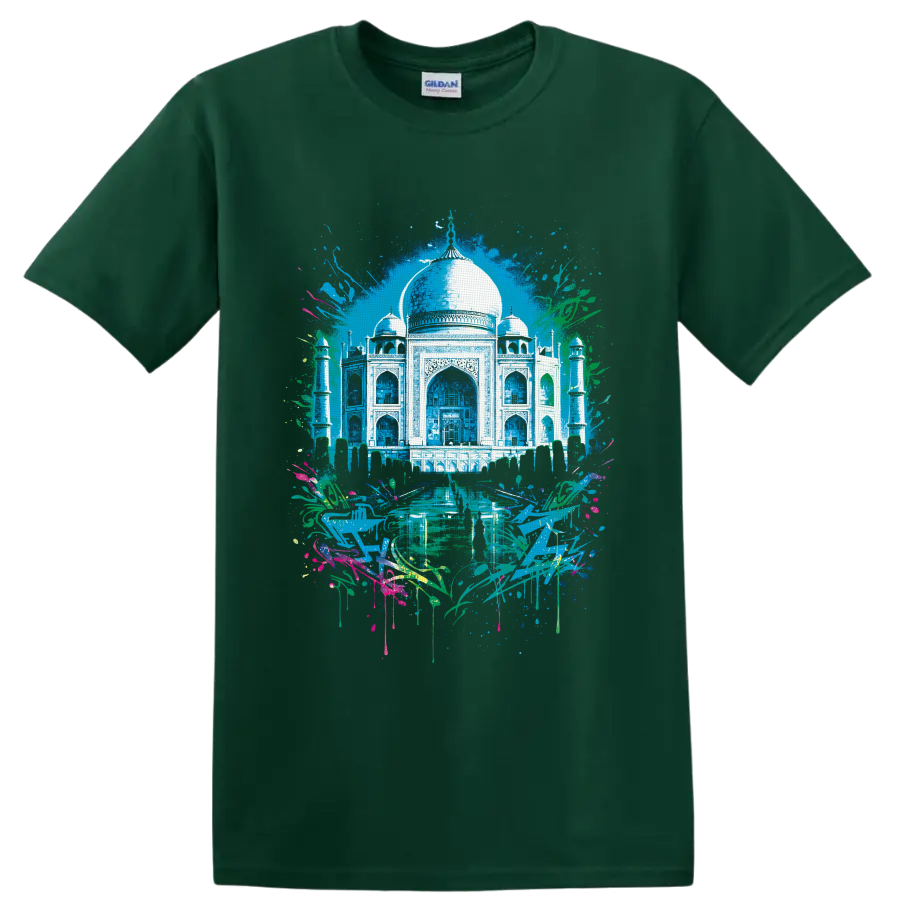 Taj Mahal watercolor illustration with minarets, reflecting pool, foliage, and paint on a Forest Green T Shirt
