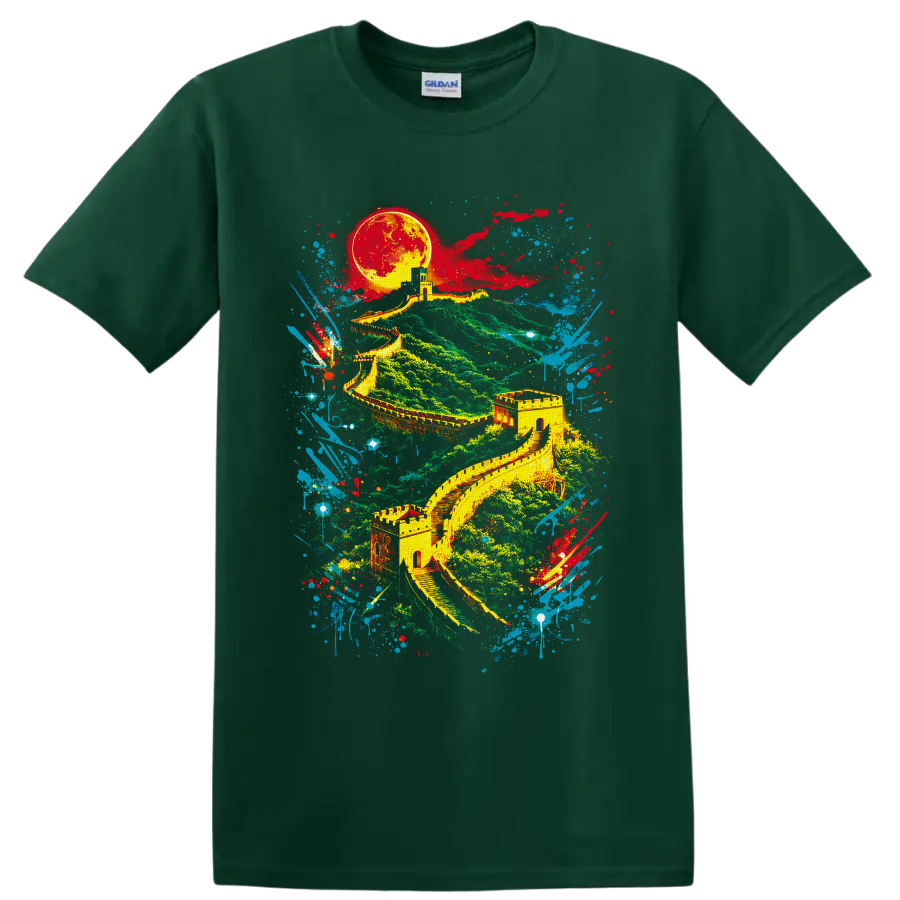 Great Wall of China landscape with glowing moon and colorful graffiti paint splashes on a Forest Green T Shirt
