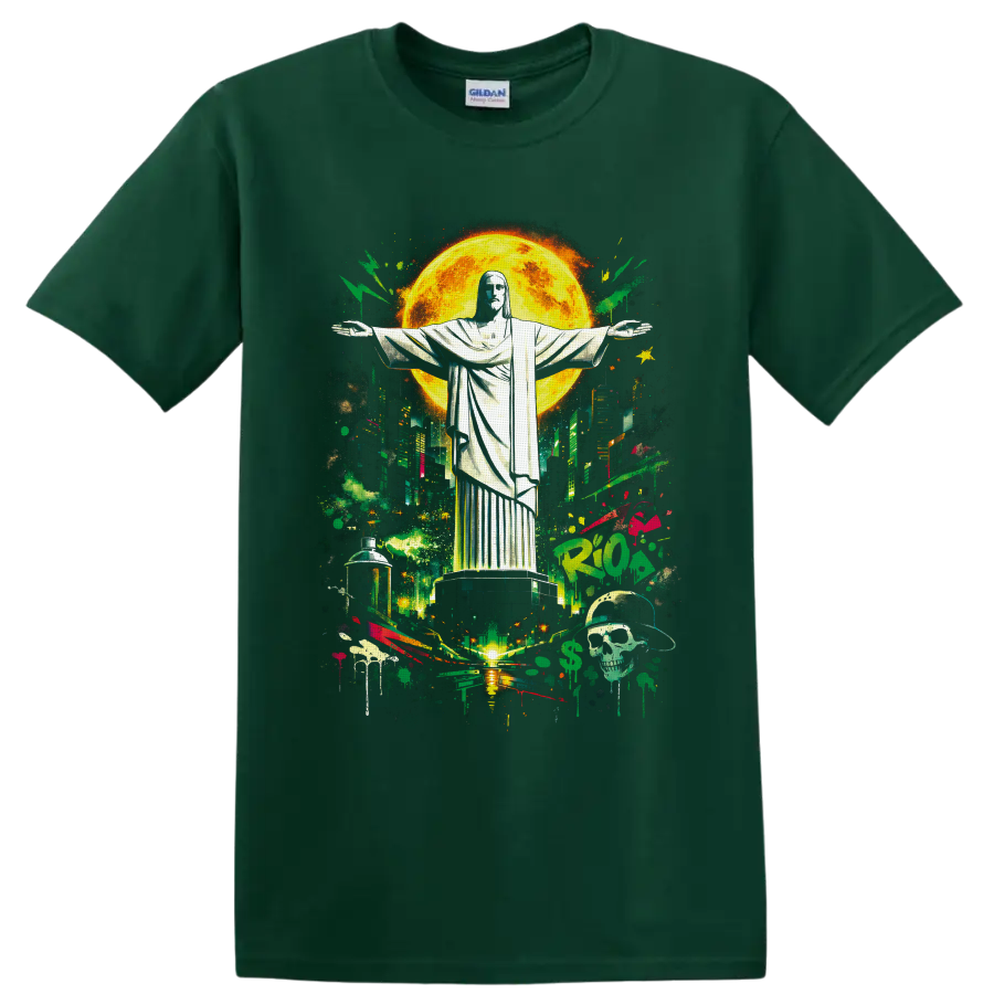 Christ the Redeemer over Rio skyline in neon graffiti art with a glowing moon on a Forest Green T Shirt