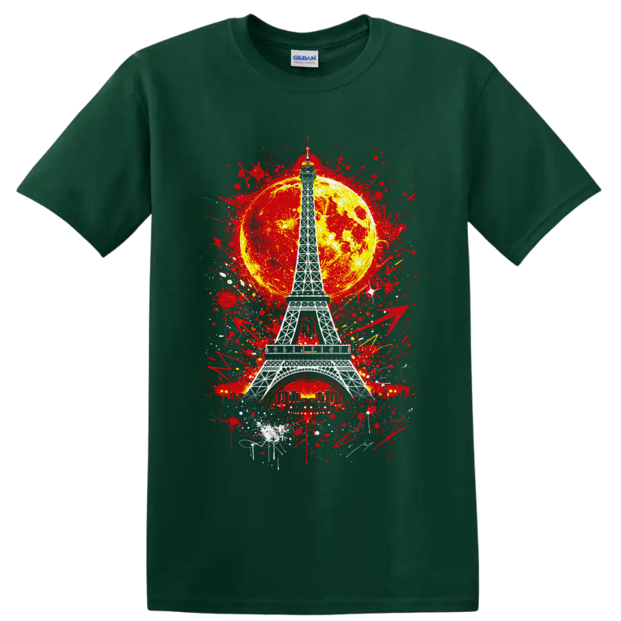 White Eiffel Tower with yellow moon and red graffiti splatter artwork on a Forest Green T Shirt