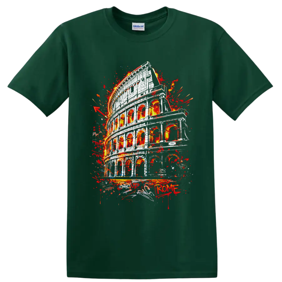 Roman Colosseum in fiery red graffiti-inspired architectural artwork on a Forest Green T Shirt