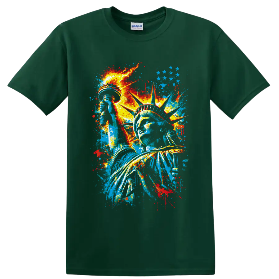 Statue of Liberty graffiti-style portrait with torch, stars, and paint splatters on a Forest Green T Shirt