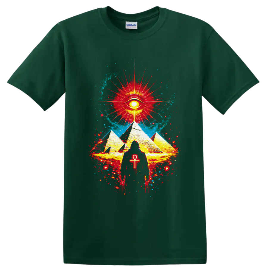Mystical Egyptian-inspired pyramids, radiant eye, ankh figure, and cosmic splatter art on a Forest Green T Shirt