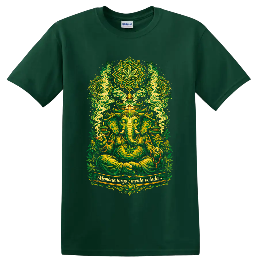 Psychedelic Ganesha meditation art with hemp leaves, temples, smoke, and green mandalas on a Forest Green T Shirt