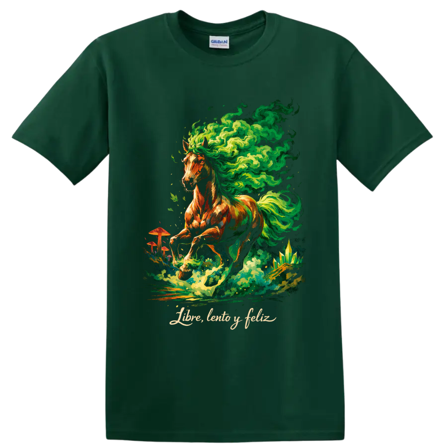 Psychedelic horse with swirling green smoke, mushrooms, crystals, and Libre, lento y feliz on a Forest Green T Shirt