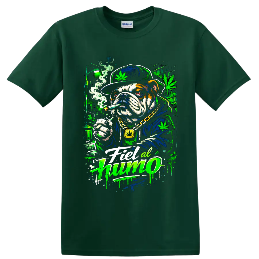 Cannabis bulldog smoking a joint in neon graffiti street art with Fiel al humo text on a Forest Green T Shirt