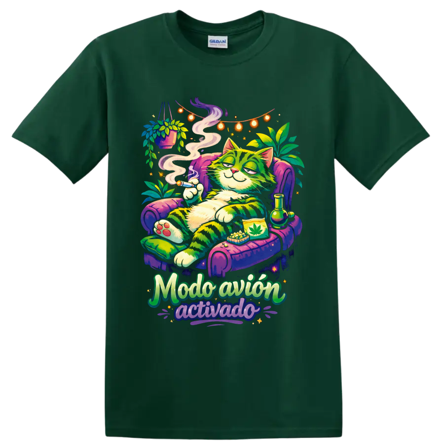 Psychedelic cannabis cat lounging with smoke, plants, and Modo avión activado text on a Forest Green T Shirt