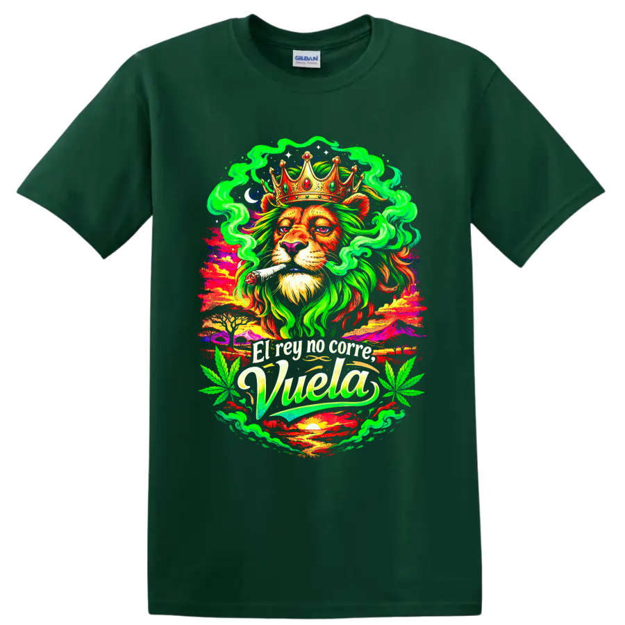 Psychedelic crowned lion with joint, cannabis leaves, smoke, and High Life text on a Forest Green T Shirt