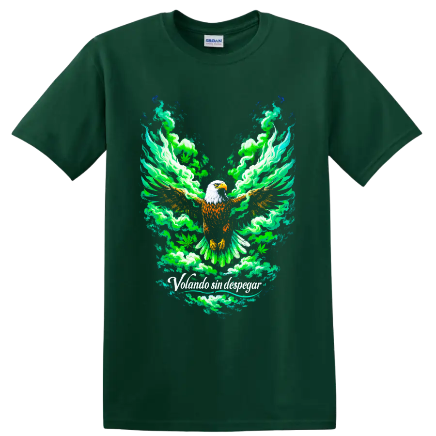 Bald eagle with green smoke and cannabis leaves in a psychedelic graphic illustration on a Forest Green T Shirt