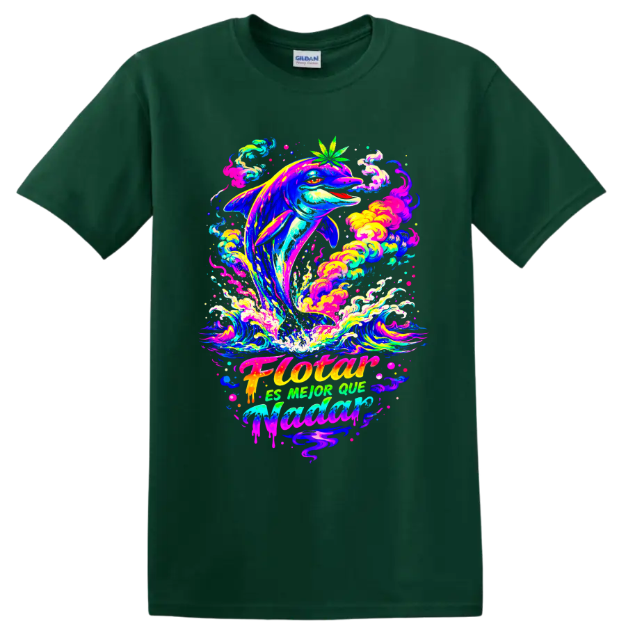 Psychedelic dolphin leaping through neon waves with a cannabis leaf on a Forest Green T Shirt