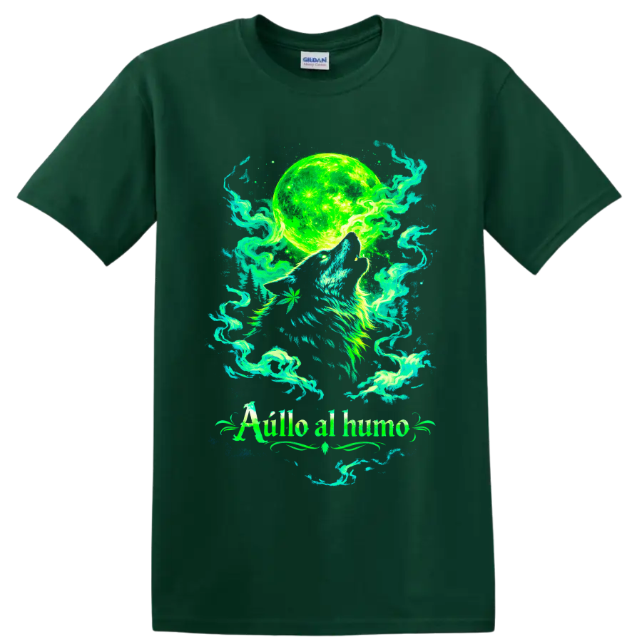 Psychedelic howling wolf beneath a neon green moon with swirling cannabis smoke on a Forest Green T Shirt