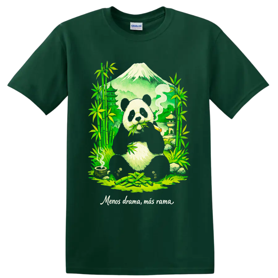Cannabis panda illustration with bamboo, pagoda, mountain, and rolled smoke on a Forest Green T Shirt
