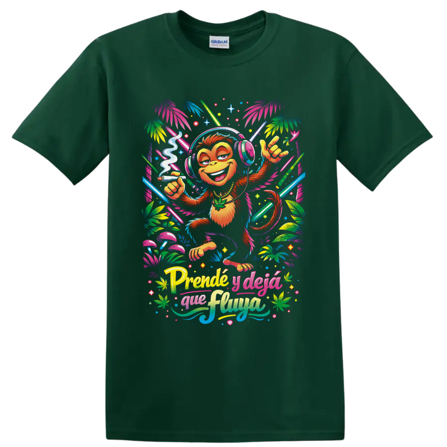 Neon tropical cannabis monkey DJ graphic with headphones, mushrooms, and Spanish lettering on a Forest Green T Shirt