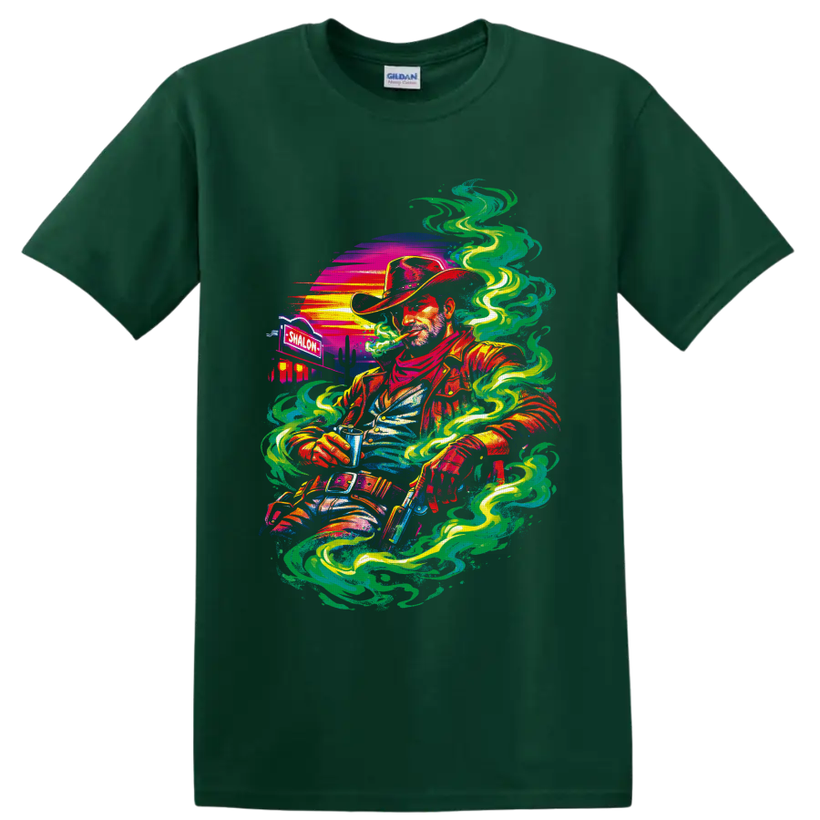 Psychedelic cannabis cowboy graphic with swirling smoke, desert sunset, and cacti on a Forest Green T Shirt