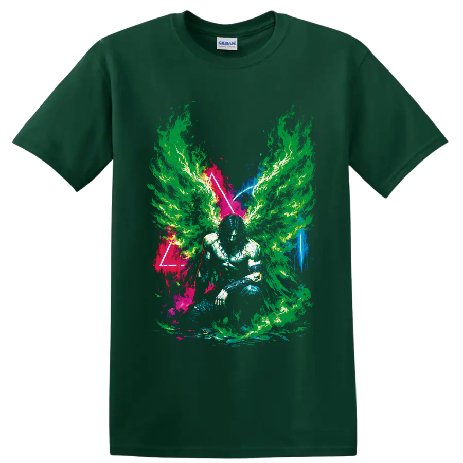 Neon flame-winged crouching figure in psychedelic paint-splatter triangle art on a Forest Green T Shirt