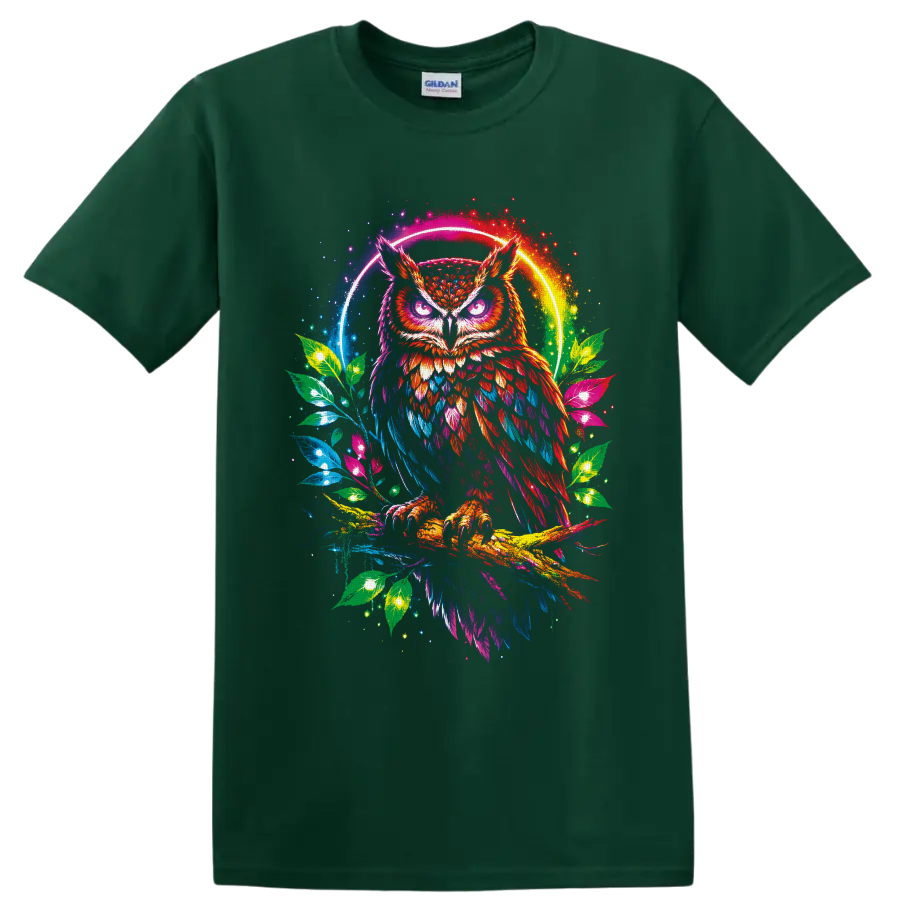 Neon rainbow horned owl on a branch with glowing leaves and circular halo on a Forest Green T Shirt