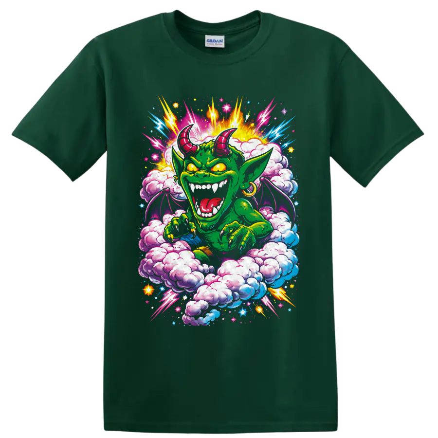 Psychedelic green horned goblin with neon lightning, wings, clouds, and stars on a Forest Green T Shirt