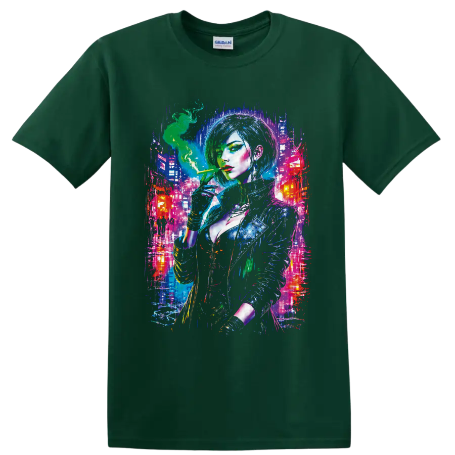 Cyberpunk woman with green smoke in a neon futuristic city graphic on a Forest Green T Shirt