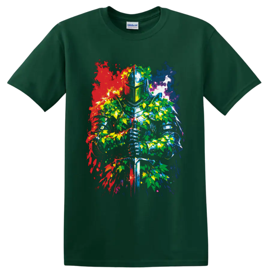 Medieval knight with sword, cannabis leaves, and colorful splatter graphic art on a Forest Green T Shirt