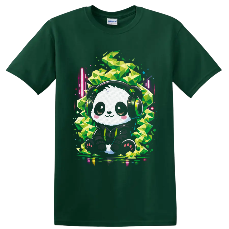 Cute panda DJ in headphones with neon geometric cannabis leaf art on a Forest Green T Shirt