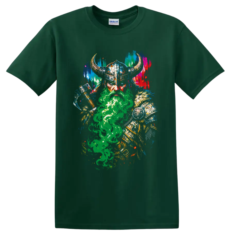 Colorful distressed Viking warrior with horned helmet, axe, shield, and green smoke on a Forest Green T Shirt