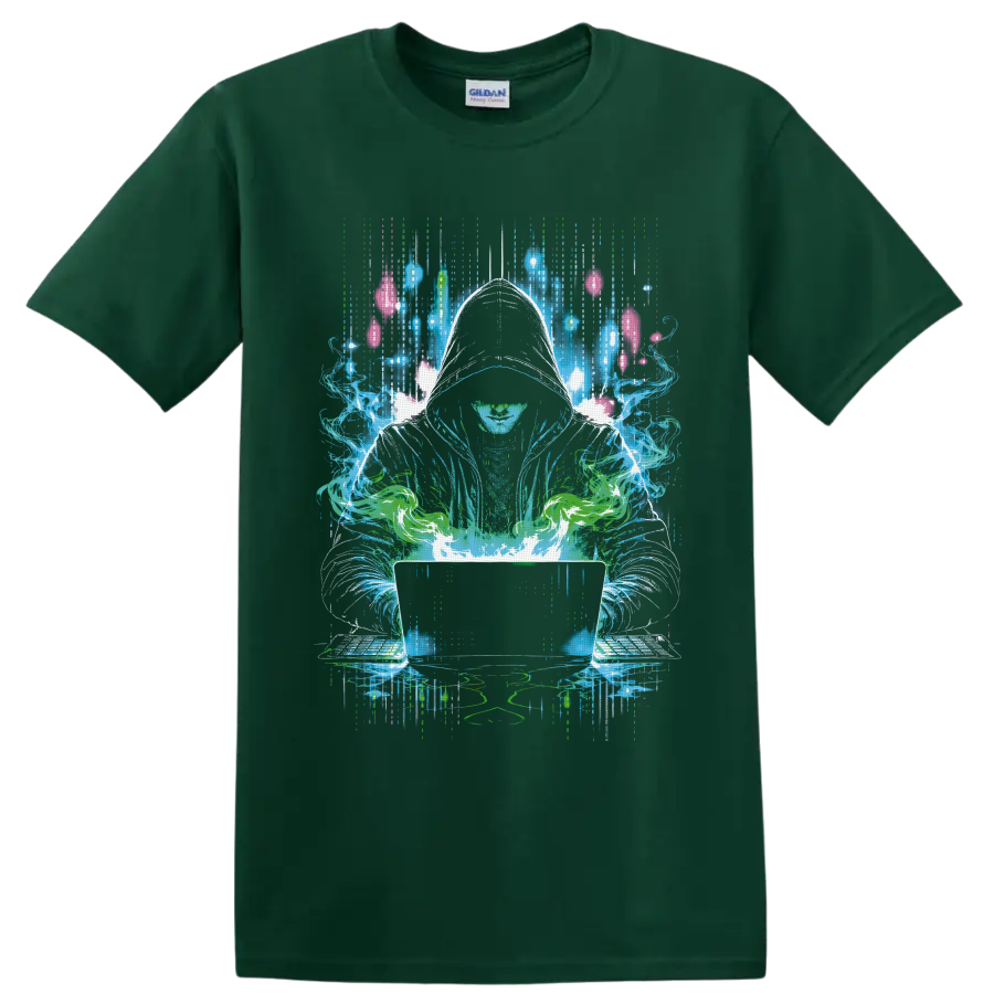 Hooded cannabis hacker with glowing laptop in neon cyberpunk digital art on a Forest Green T Shirt