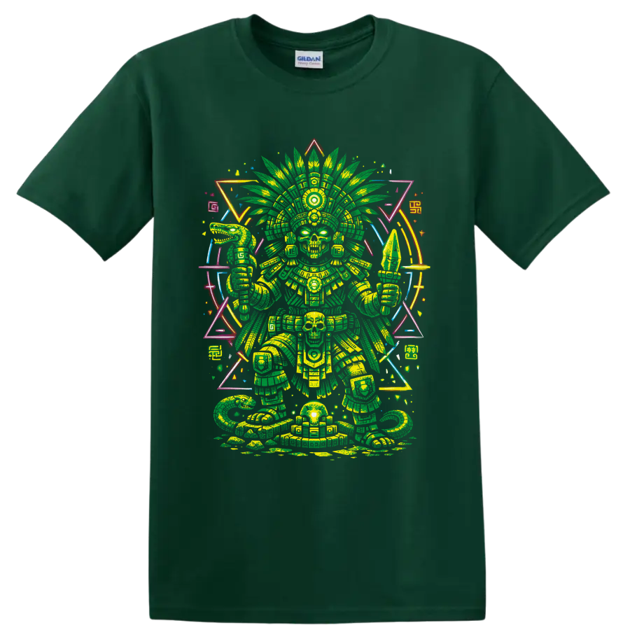 Aztec-inspired skeletal warrior with cannabis-leaf headdress and neon geometric art on a Forest Green T Shirt