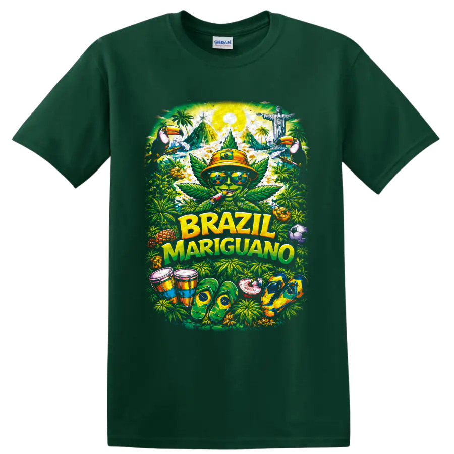 Brazil Mariguano tropical cannabis character with toucans, drums, and soccer ball on a Forest Green T Shirt
