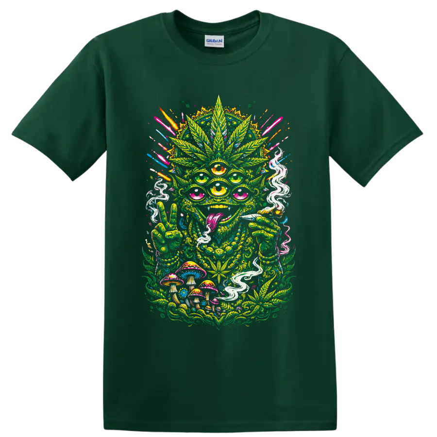 Psychedelic multi-eyed cannabis alien with mushrooms, smoke, and peace sign on a Forest Green T Shirt