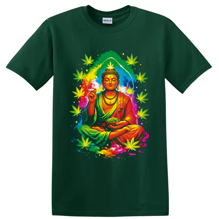 Psychedelic meditating Buddha with cannabis leaves, smoke, buds, and cosmic aura on a Forest Green T Shirt