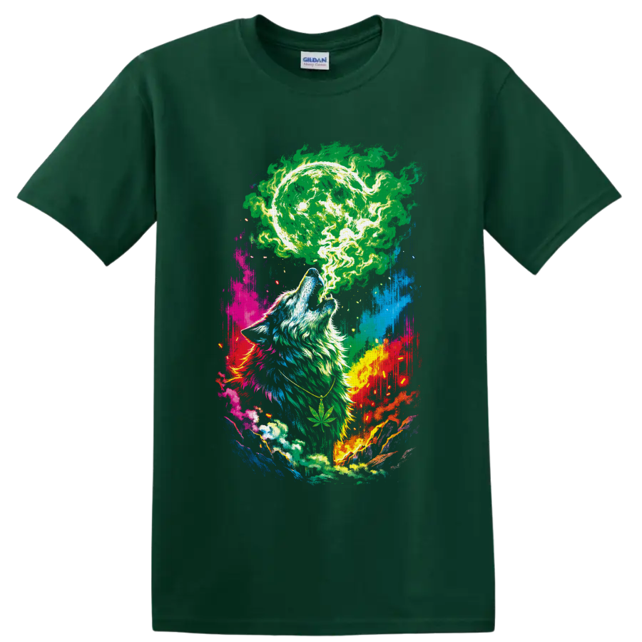 Howling wolf beneath a glowing cannabis moon in psychedelic paint-splash art on a Forest Green T Shirt