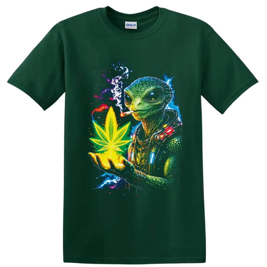 Psychedelic reptilian alien with cannabis leaf, smoke, and cosmic lightning on a Forest Green T Shirt