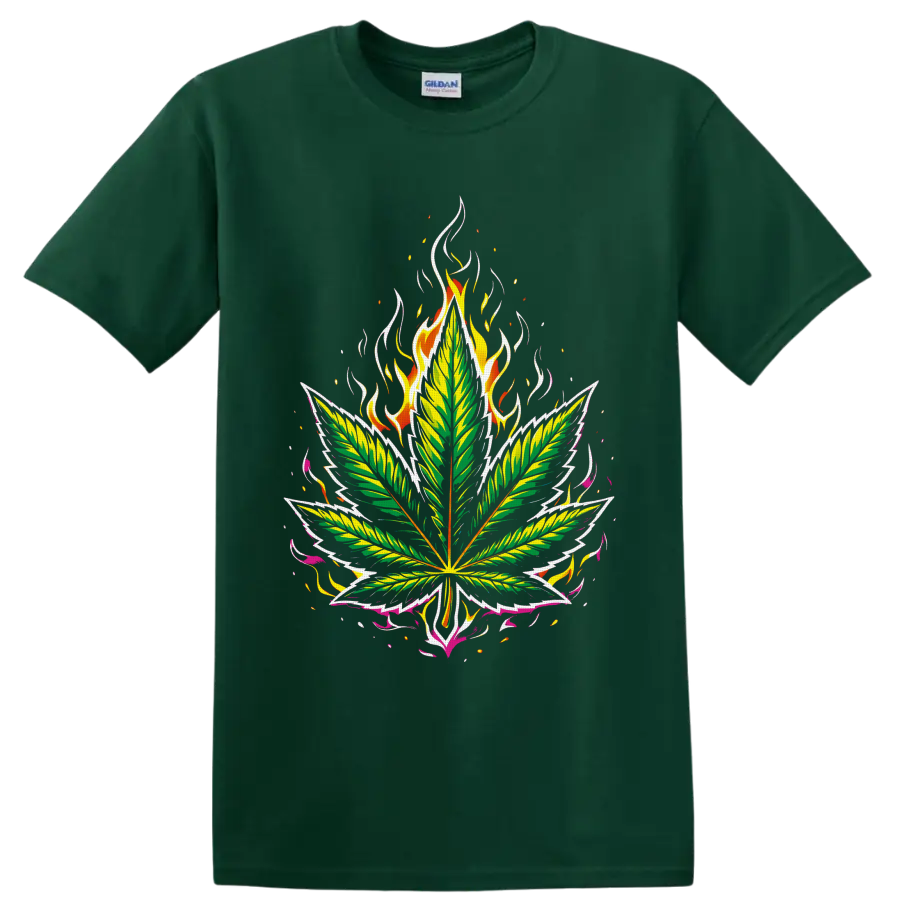 Psychedelic cannabis leaf graphic with flames, embers, and pink ribbon-like accents on a Forest Green T Shirt