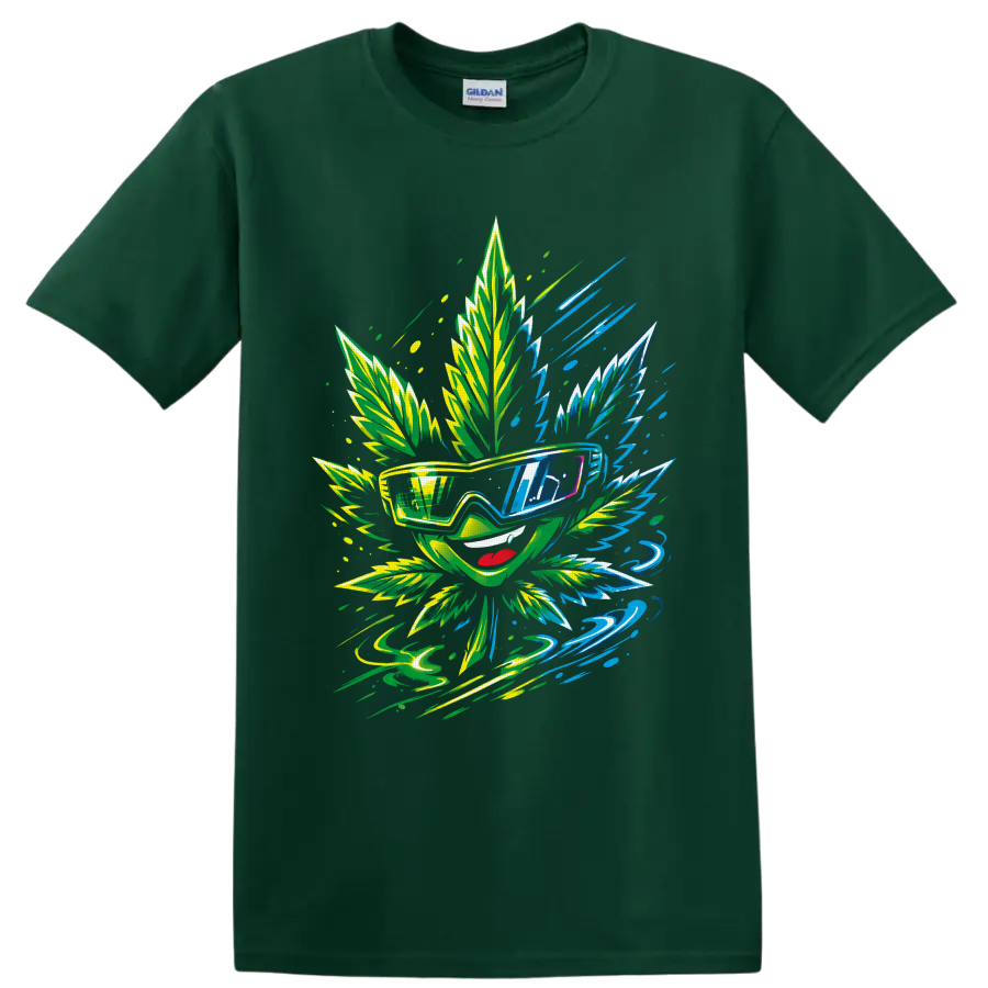 Psychedelic cannabis leaf character in sunglasses with neon lightning and leaf art on a Forest Green T Shirt