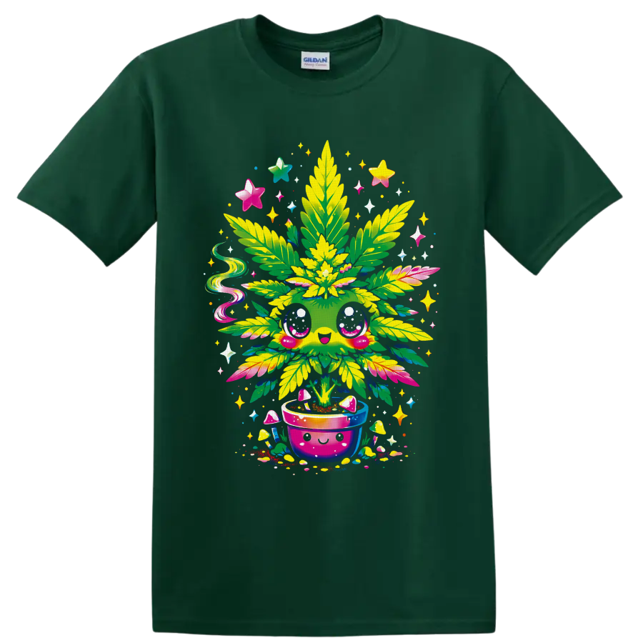 Kawaii cannabis plant in a smiling pot with mushrooms, stars, and psychedelic sparkles on a Forest Green T Shirt