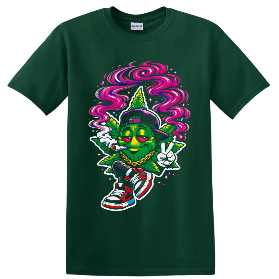 Psychedelic cartoon cannabis leaf character with swirling smoke, cap, chain, and peace on a Forest Green T Shirt