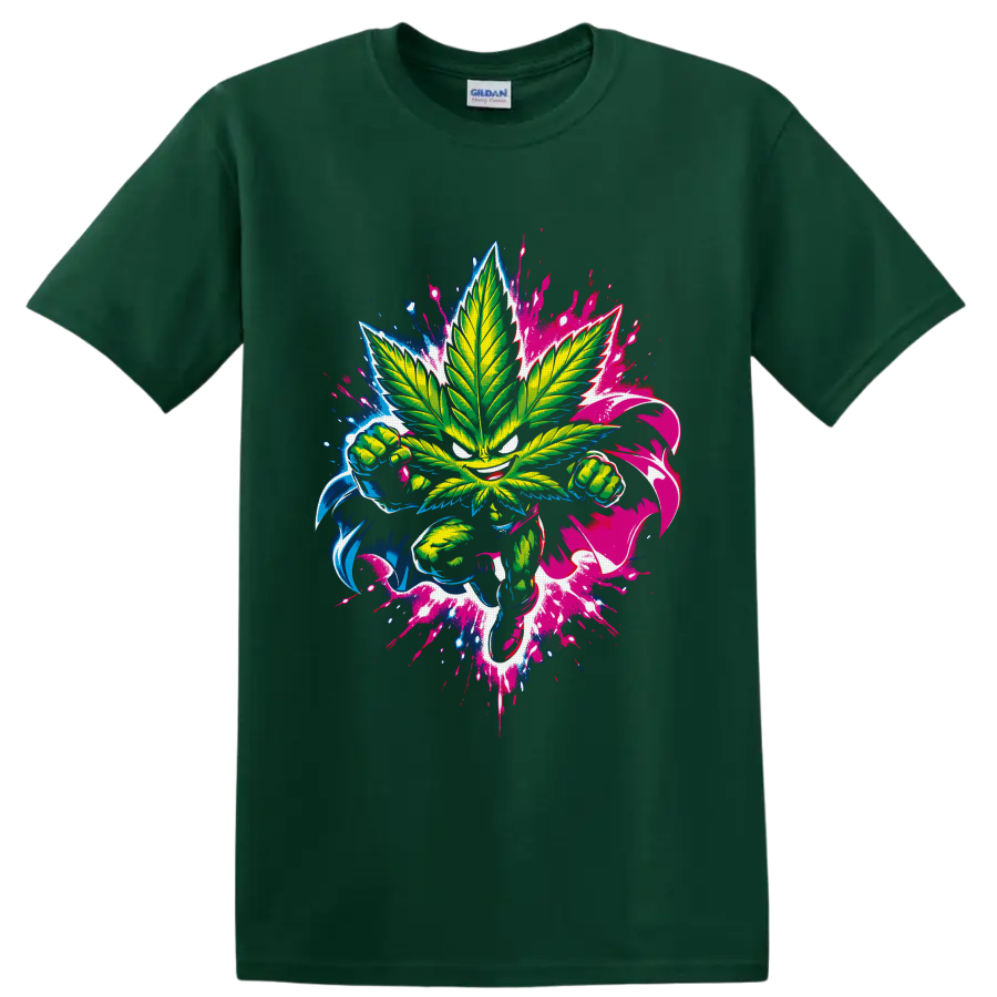 Neon cannabis leaf fighter with clenched fists and blue pink graffiti splatters on a Forest Green T Shirt