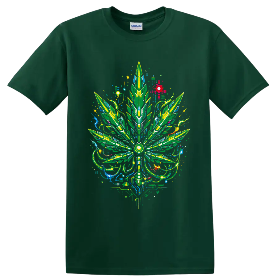 Cyberpunk cannabis leaf with neon circuitry, geometric panels, and psychedelic cables on a Forest Green T Shirt