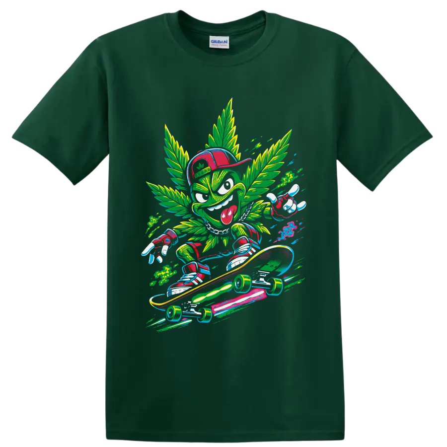 Retro comic cannabis leaf character skateboarding on a longboard on a Forest Green T Shirt