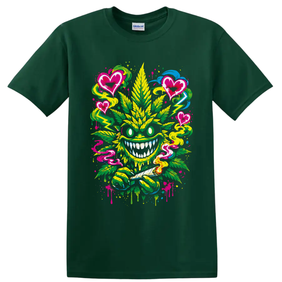 Graffiti cannabis leaf monster with pink hearts, smoke swirls, lightning, and splatters on a Forest Green T Shirt