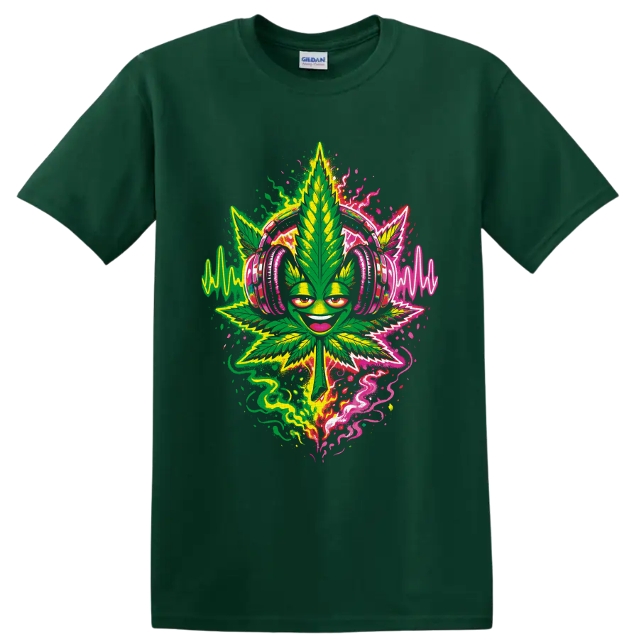 Smiling cannabis leaf DJ in pink headphones with neon soundwaves and lightning on a Forest Green T Shirt