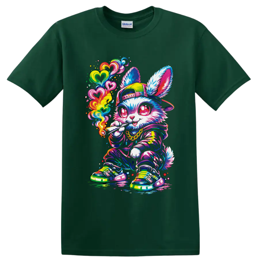 Psychedelic streetwear rabbit with rainbow hearts and a lit rolled smoke on a Forest Green T Shirt